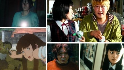 The best East Asian horror movies, featuring (clockwise from top left): 'Incantation,' 'The Host,' 'Ju-on: The Grudge,' 'I Saw the Devil,' and 'Gyo: Tokyo Fish Attack'