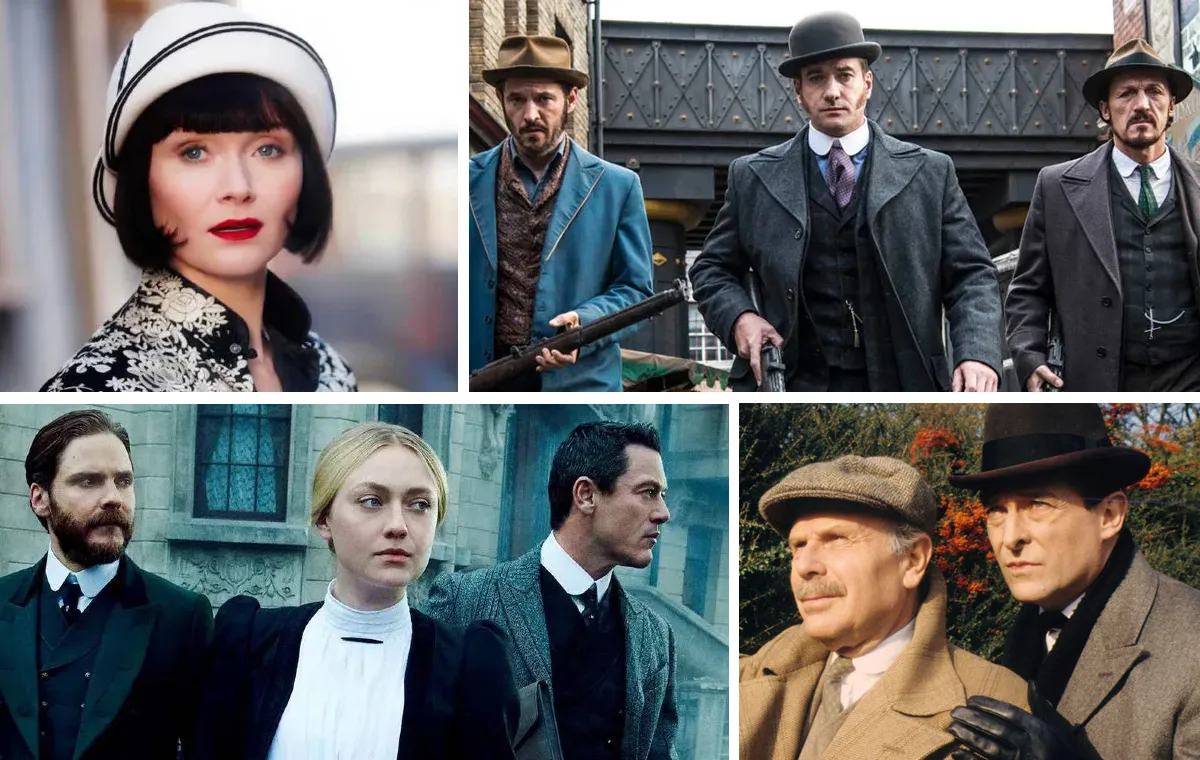 A collage featuring some of the best period detective dramas (clockwise from top left): 'Miss Fisher's Murder Mysteries,' 'Ripper Street,' 'The Adventures of Sherlock Holmes,' and 'The Alienist'