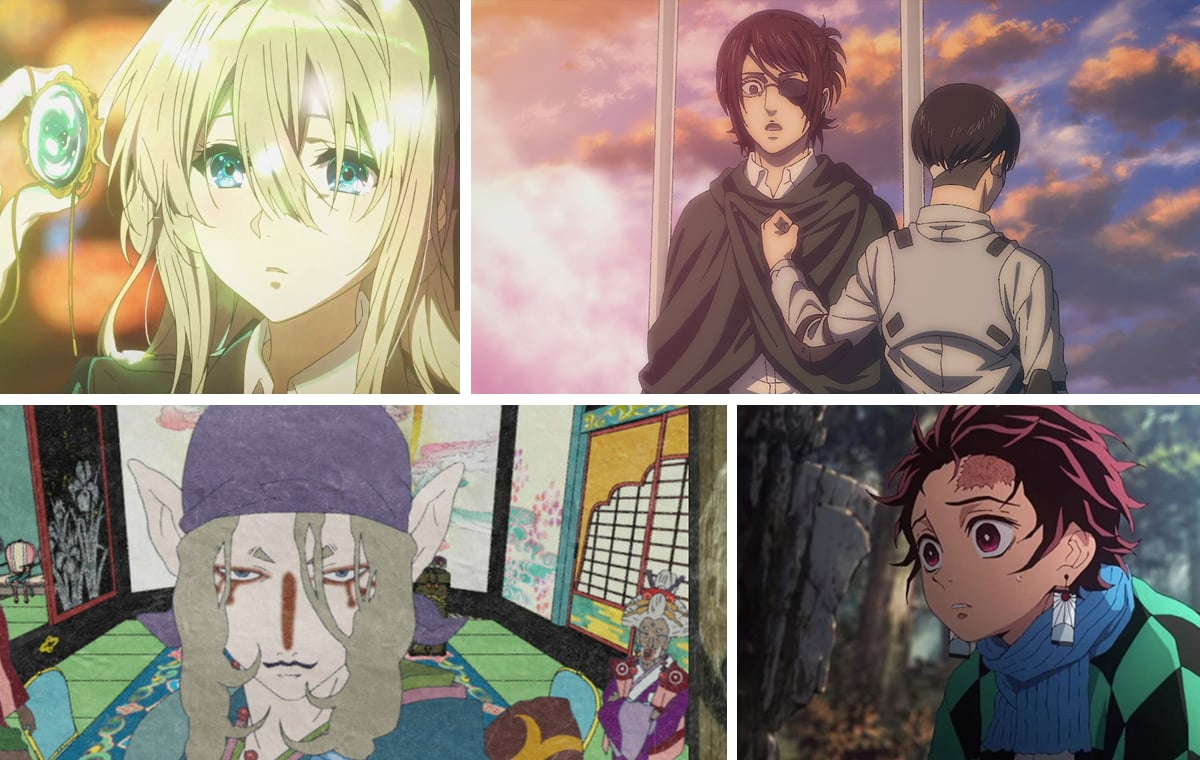 The best animated anime of all time, featuring (clockwise from top left): 'Violet Evergarden,' 'Attack on Titan,' 'Demon Slayer,' and 'Mononoke'