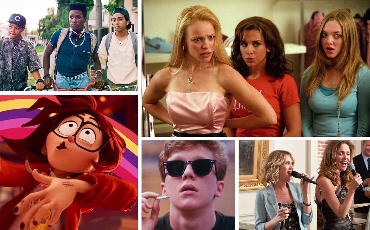 The best comedies on Netflix right now, featuring (clockwise from top left): 'Dope,' 'Mean Girls,' 'Bridesmaids,' 'The Breakfast Club,' and 'The Mitchells vs. the Machines'