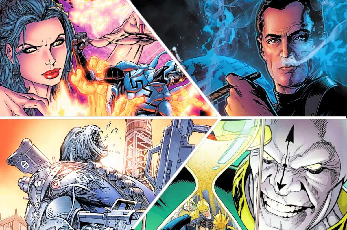 A collage of Blue Beetle villain La Dama, Maxwell Lord, Silverback, and Chronos