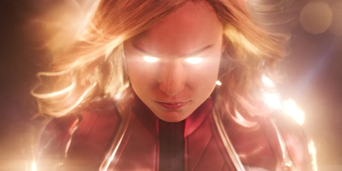 Brie Larson as Carol Danvers/Captain Marvel with glowing eyes in Captain Marvel (2019)