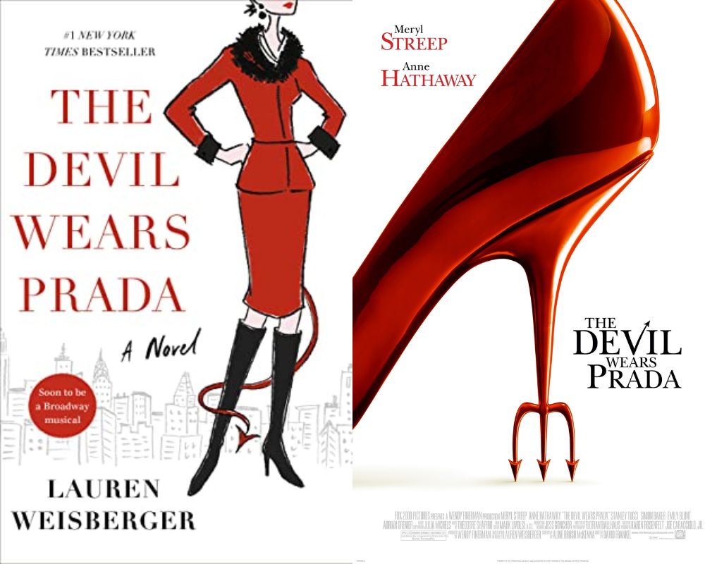 "The Devil Wears Prada" by Lauren Weisberger next to movie poster.