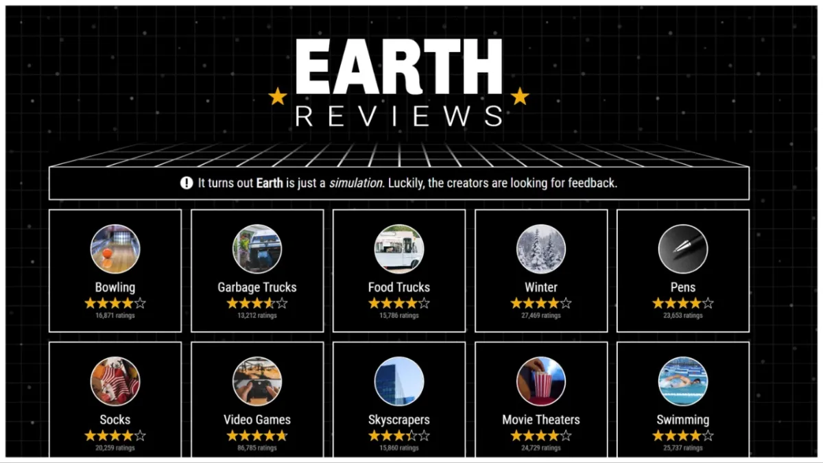 The homepage for 'Earth Reviews'.