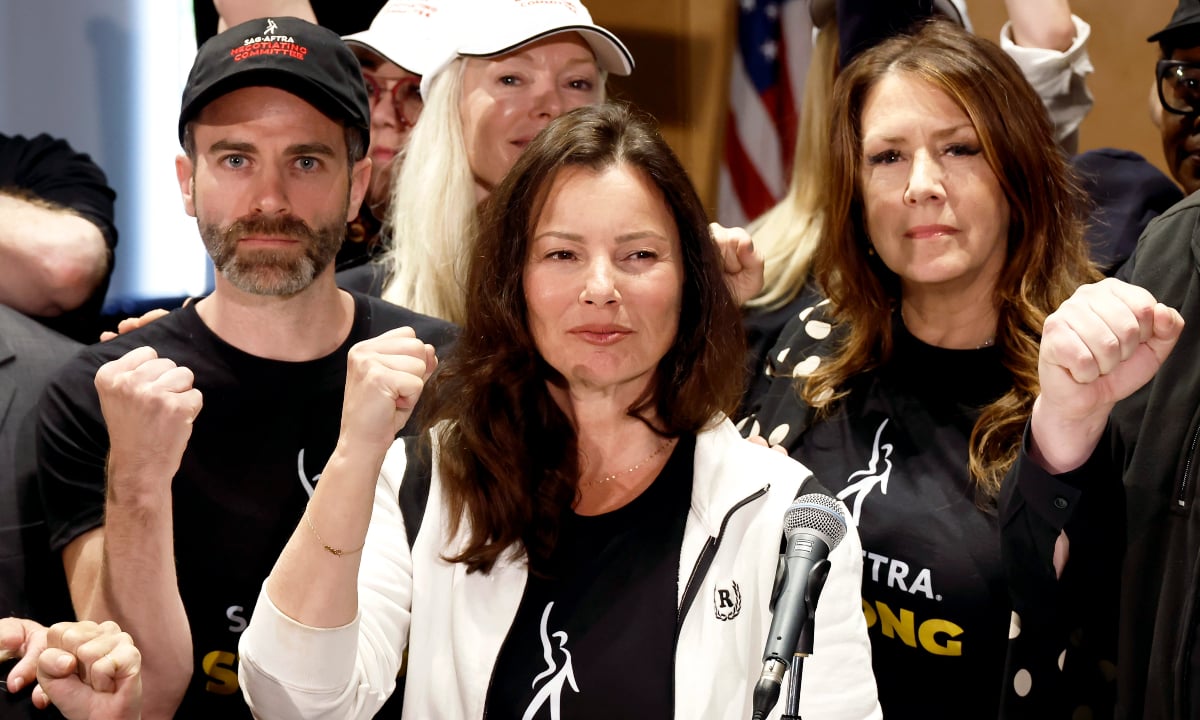 Ben Whitehair, Frances Fisher, SAG President Fran Drescher, Joely Fisher, National Executive Director, and SAG-AFTRA members are seen as SAG-AFTRA National Board holds a press conference for vote on recommendation to call a strike regarding the TV/Theatrical contract at SAG-AFTRA on July 13, 2023 in Los Angeles, California. source: Frazer Harrison/Getty Images)