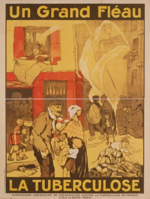 1917 French poster reading "Un grand fléau la tuberculose." Poster shows street scene from an impoverished area with the Grim Reaper is looming in the background.