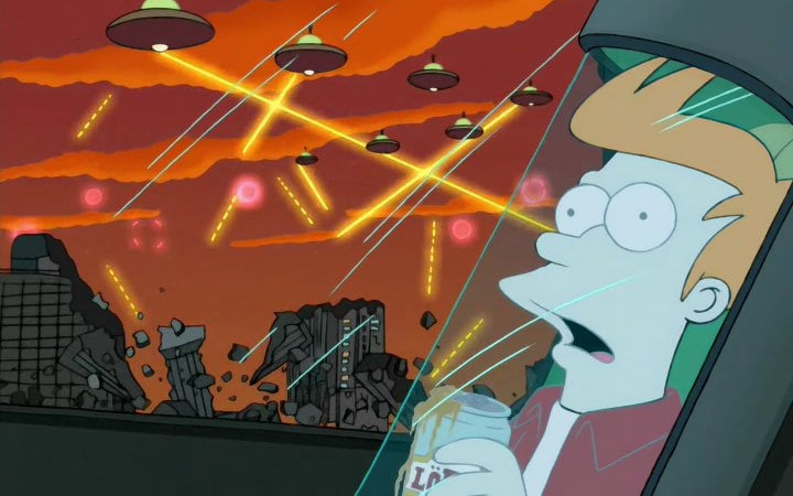 Fry frozen in a cryochamber as UFOs destroy buildings behind him (20th Century Television)