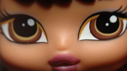 Closeup of a Bratz doll's face.