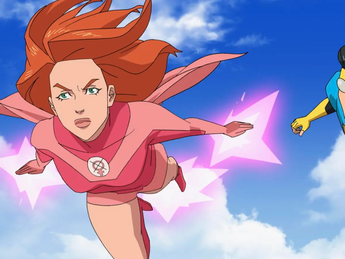 Atom Eve (voiced by Gillian Jacobs) flying in the air in Invincible