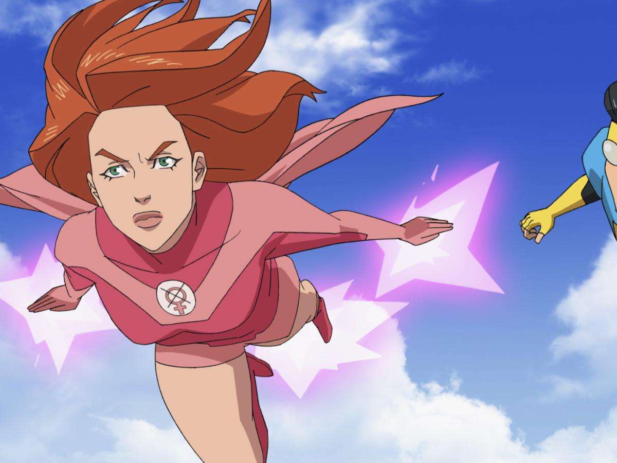 Atom Eve (voiced by Gillian Jacobs) flying in the air in Invincible