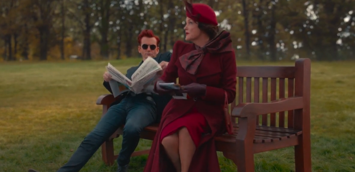 The demons Shax and Crowley, played by Miranda Richardson and David Tennant respectively, meet in London in the second season of Good Omens