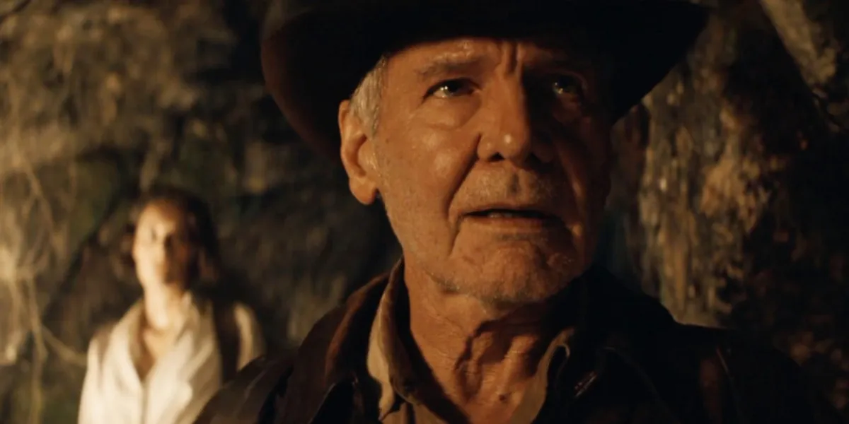 Harrison Ford in Indiana Jones and the Dial of Destiny, with Phoebe Waller-Bridge in the background