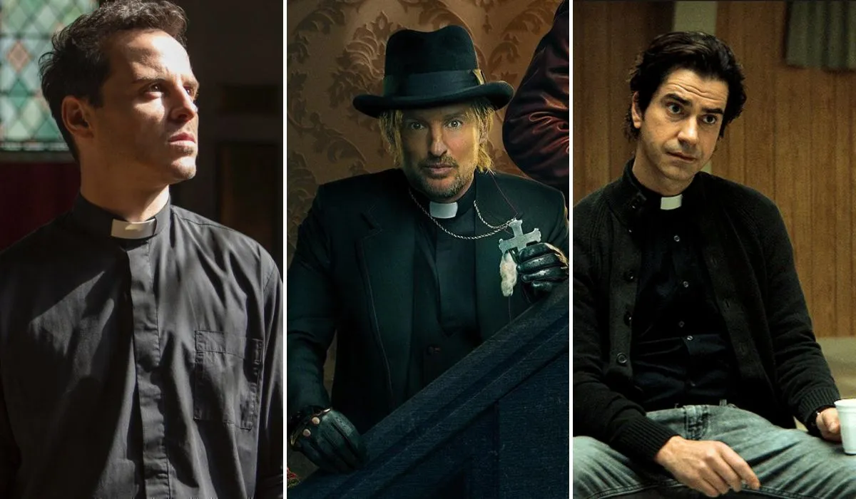 Hot Priest 9Andrew Scott), Owen Wilson in Haunted Mansion, Father Paul (Hamish Linklater) from Midnight Mass via Amazon Prime Video, Walt Disney Studios, and Netflix