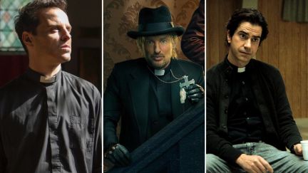 Hot Priest 9Andrew Scott), Owen Wilson in Haunted Mansion, Father Paul (Hamish Linklater) from Midnight Mass via Amazon Prime Video, Walt Disney Studios, and Netflix
