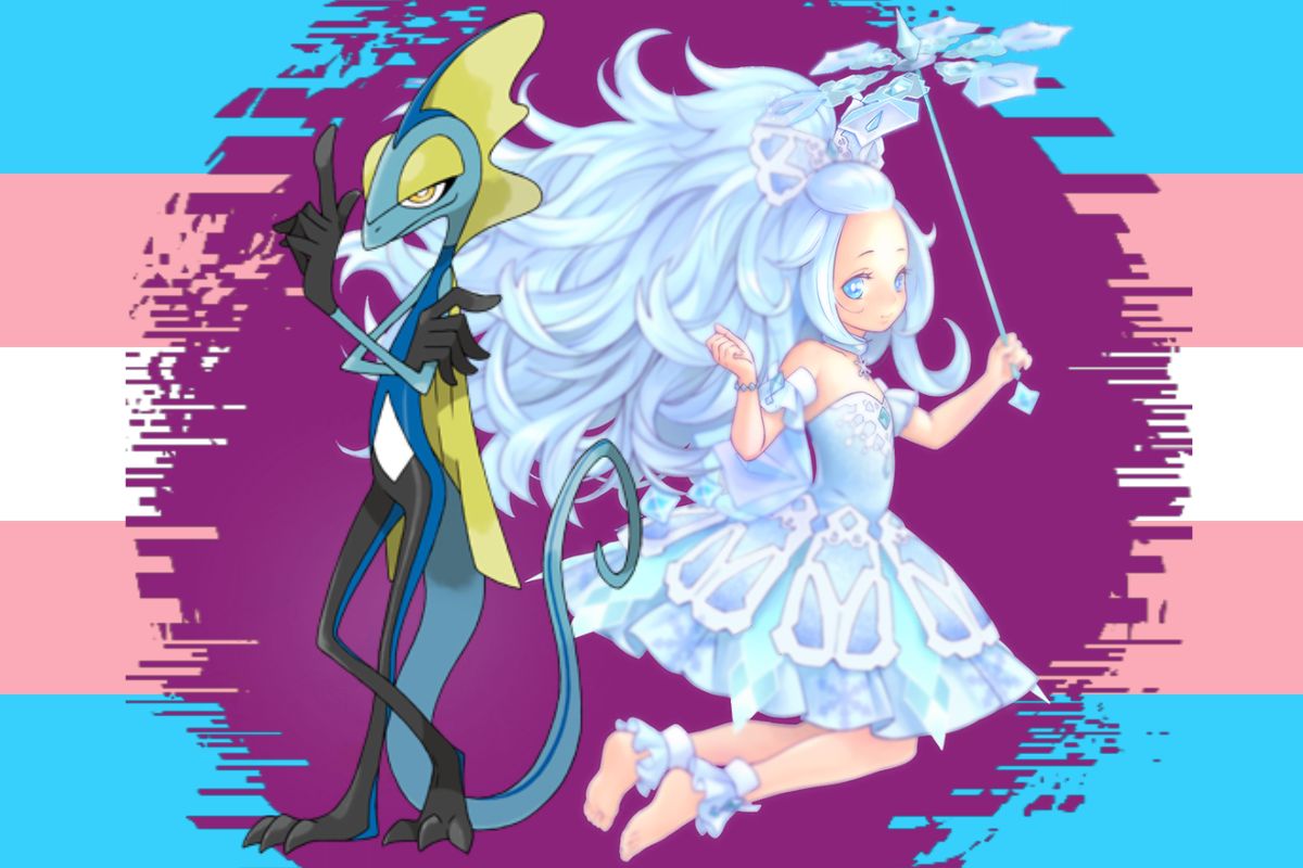 Inteleon and Rikka Princess over a trans flag.