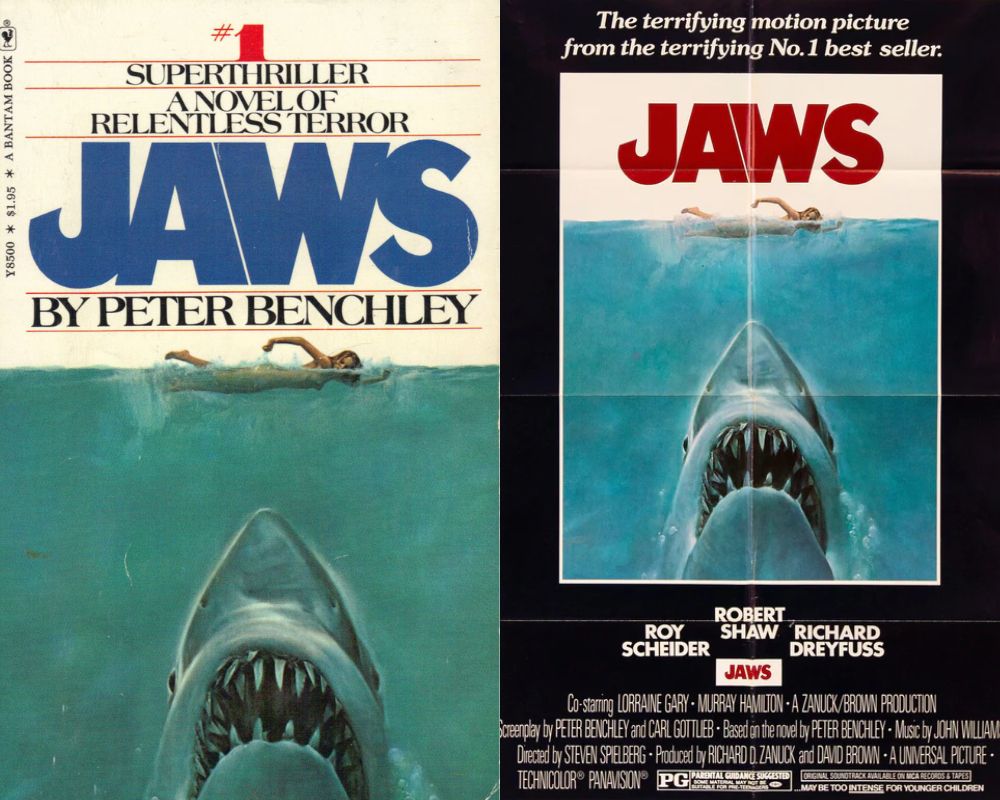 "Jaws" by Peter Benchley next to poster. 
