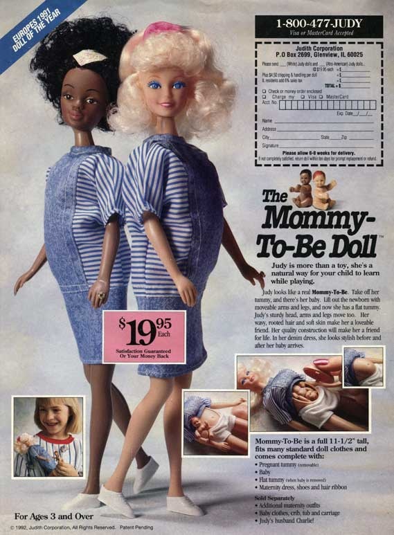 A vintage ad for the Judith Mommy-to-Be doll featuring two pregnant dolls, one Black and one white