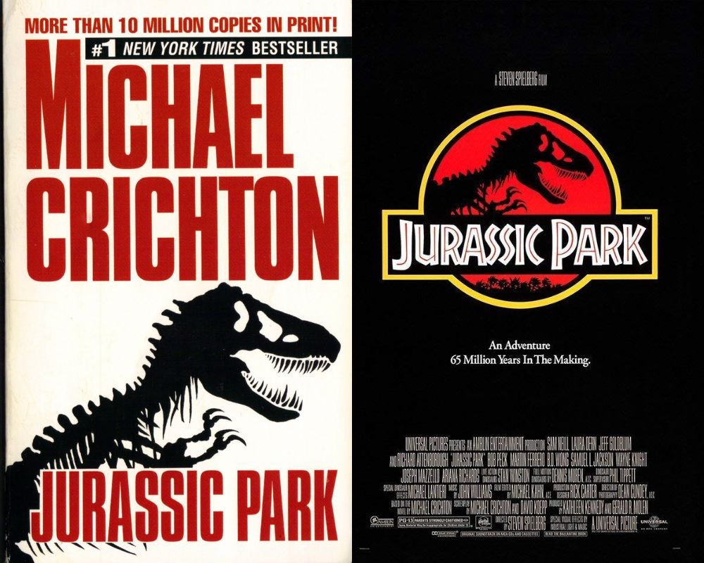 "Jurassic Park" by  Michael Crichton next to movie poster. 