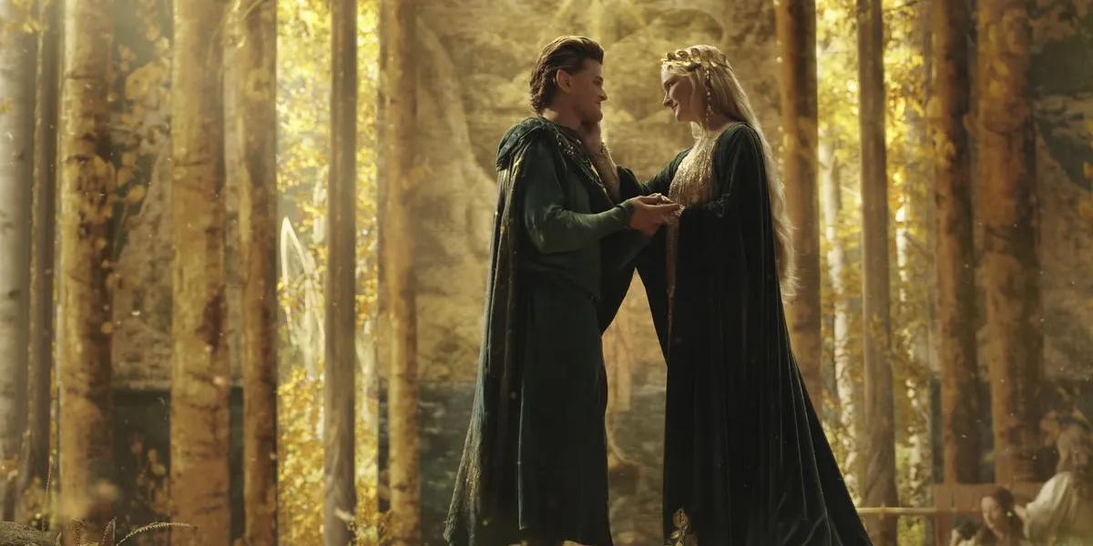 Robert Aramayo as Elrond and Morfydd Clark as Galadriel in The Lord of the Rings: The Rings of Power