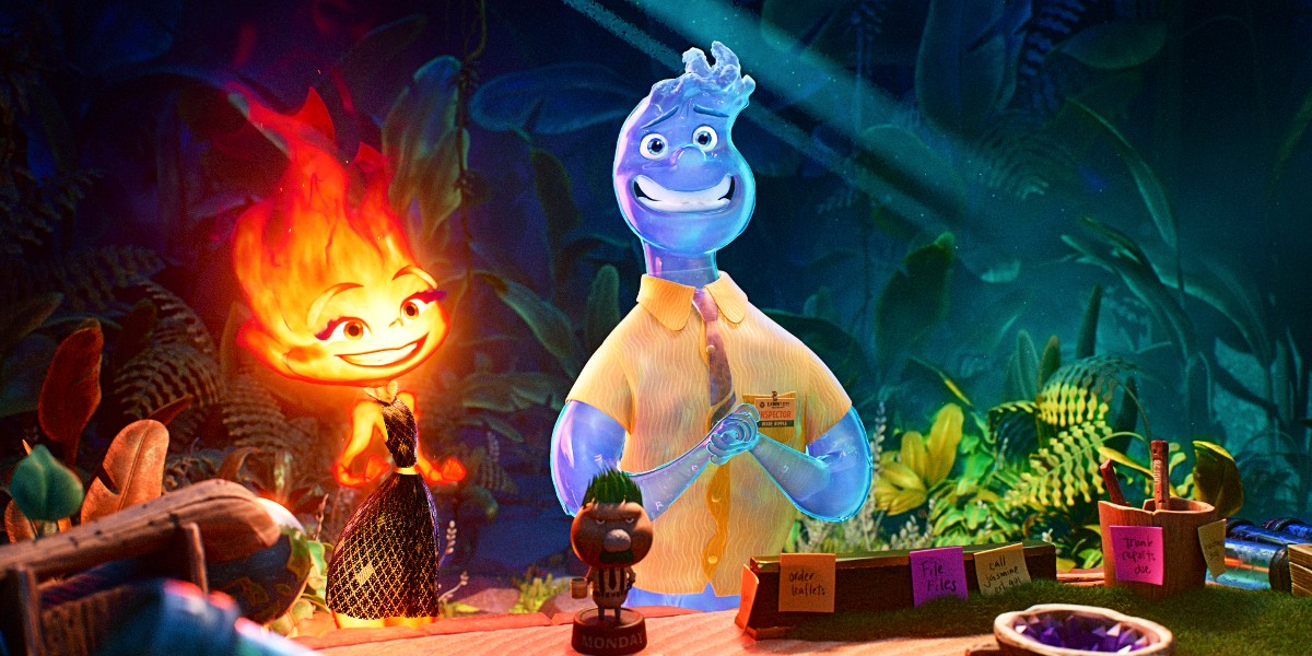 Leah Lewis as Ember and Mamoudou Athie as Wade in Elemental