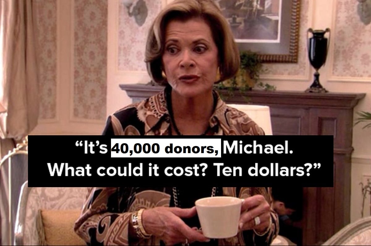 Screengrab of Lucille Bluth from Arrested Development, with text reading "It's 40,000 donors, Michael. What could it cost? Ten dollars?"