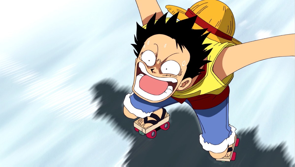 Luffy screaming on roller skates