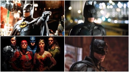 A collage of Michael Keaton, Christian Bale, Ben Affleck, and Robert Pattinson in their Batman films.