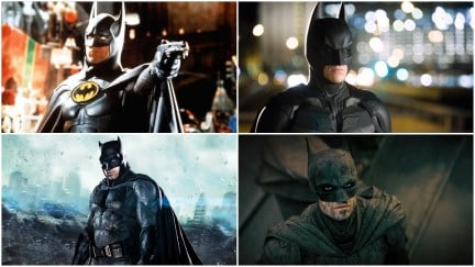 Michael Keaton, Christian Bale, Ben Affleck, and Robert Pattinson as Batman in film