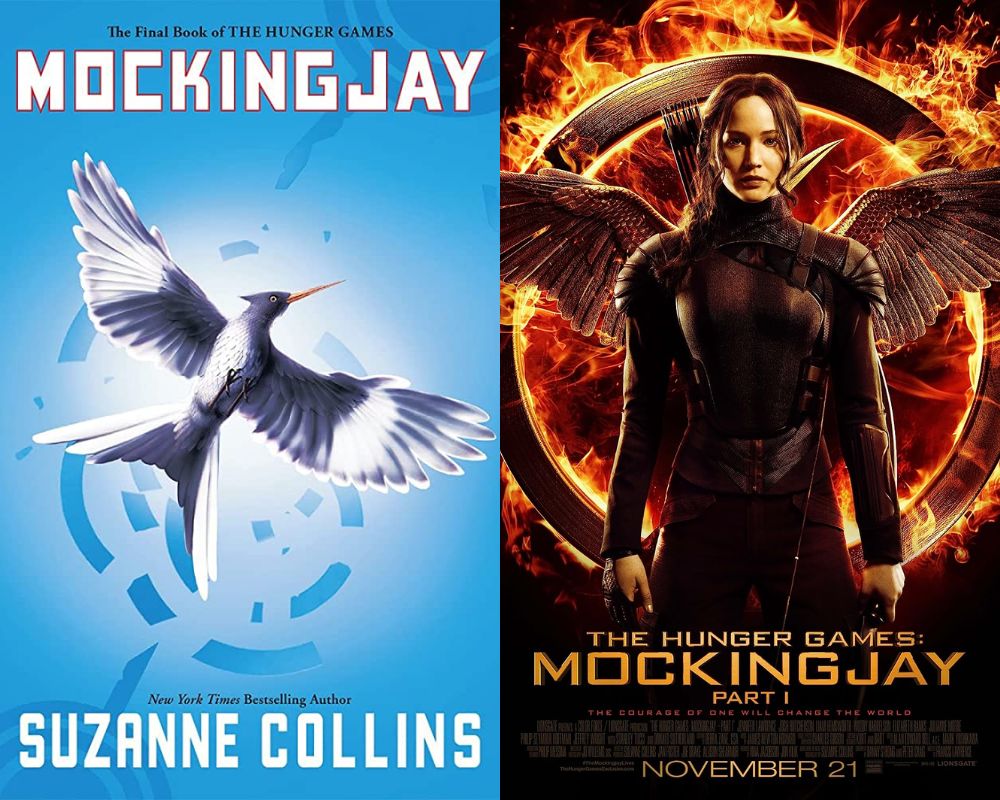 "Mockingjay" by Suzanne Collins next to movie poster. 