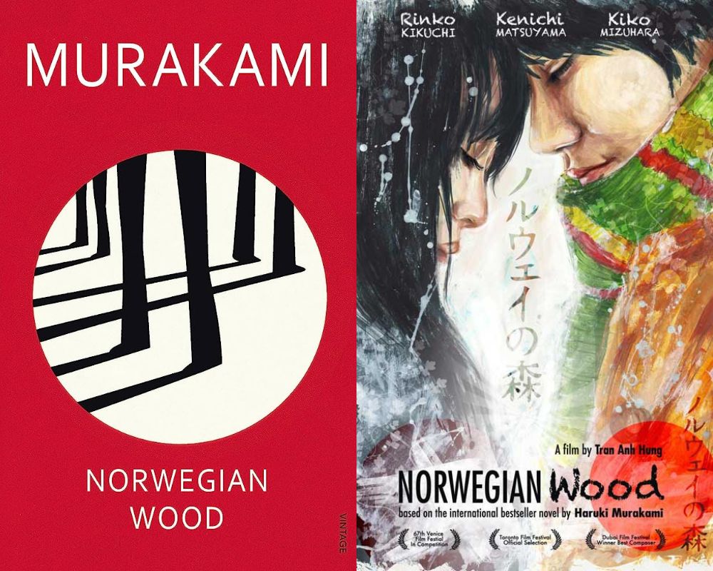 "Norwegian Wood" by Haruki Murakami next to movie poster.