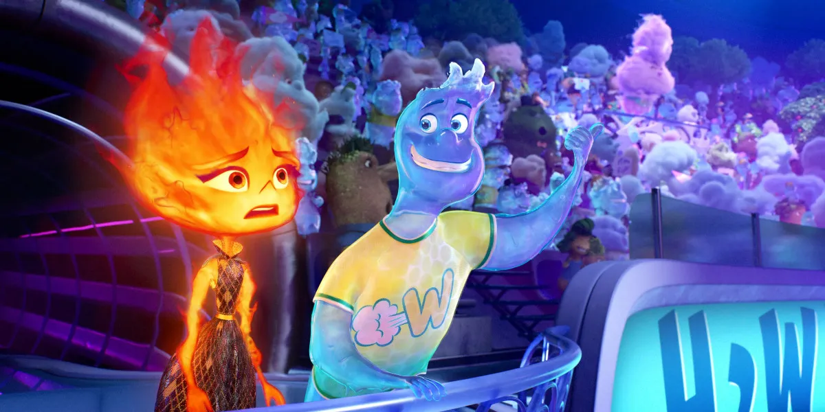 Ember and Wade in a stadium in Pixar's Elemental