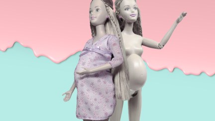 Desaturated pregnant Midge dolls—one clothed, one unclothed—on a pink and blue background