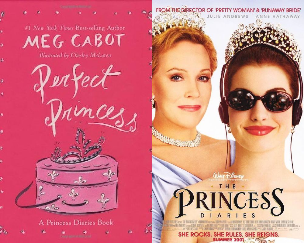 "The Princess Diaries" by Meg Cabot next to movie poster.