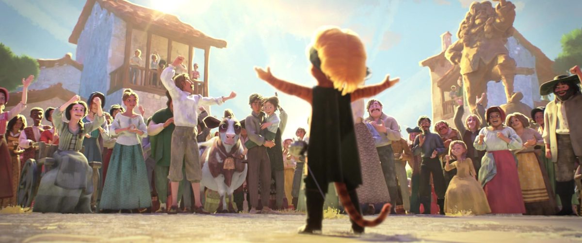 Crowd cheering on Puss in Boots.