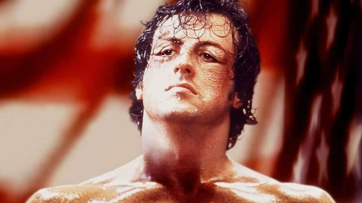 The shirtless boxer Rocky glistening with sweat in "Rocky"