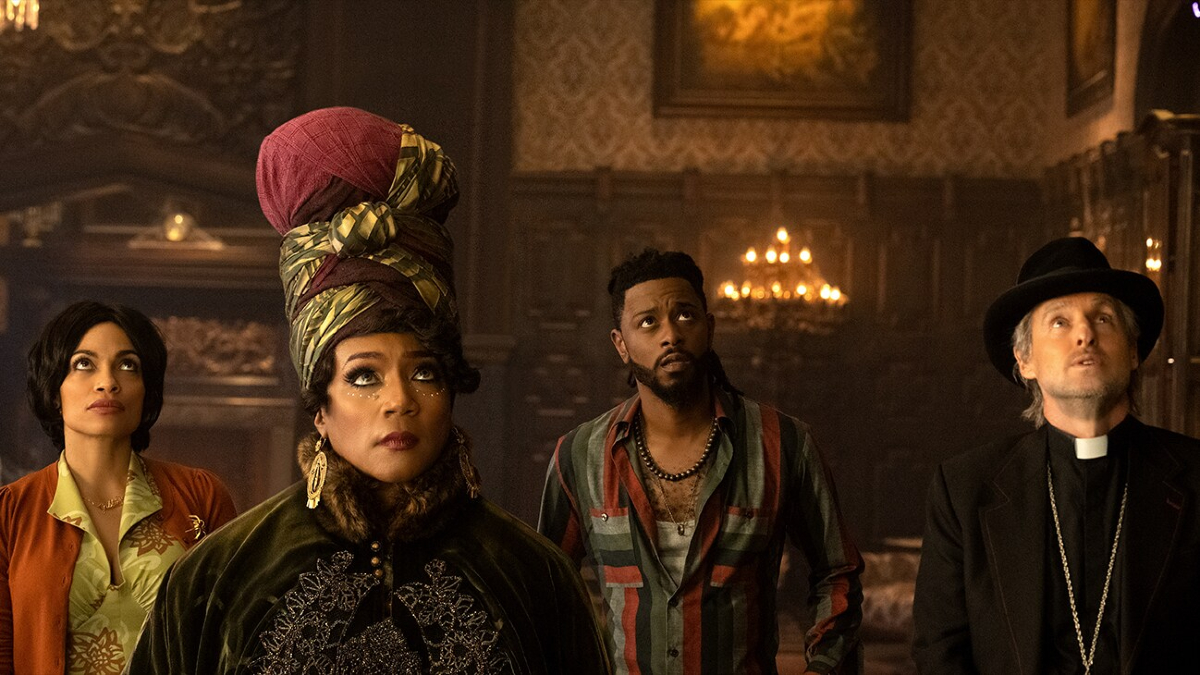 Rosario Dawson, Tiffany Haddish, LaKeith Stanfield, and Owen Wilson in Disney's 'Haunted Mansion'