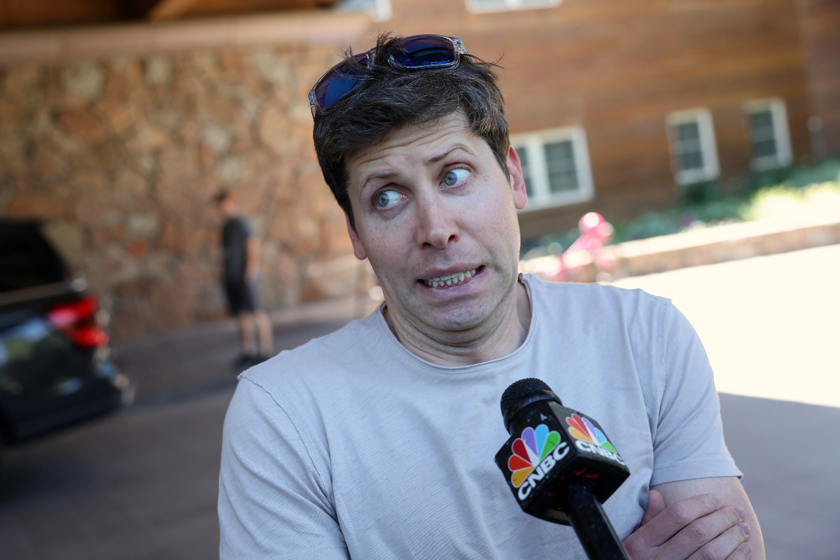 Sam Altman, CEO of OpenAI, speaks to the media as he arrives at the Sun Valley Lodge for the Allen & Company Sun Valley Conference on July 11, 2023 in Sun Valley, Idaho. Every July, some of the world's most wealthy and powerful businesspeople from the media, finance, technology and political spheres converge at the Sun Valley Resort for the exclusive weeklong conference. (Photo by Kevin Dietsch/Getty Images)