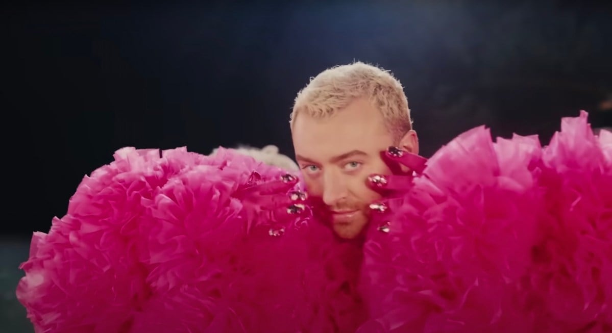 Smith in their gorgeously pink ensemble for the music video "I'm Not Here to Make Friends."