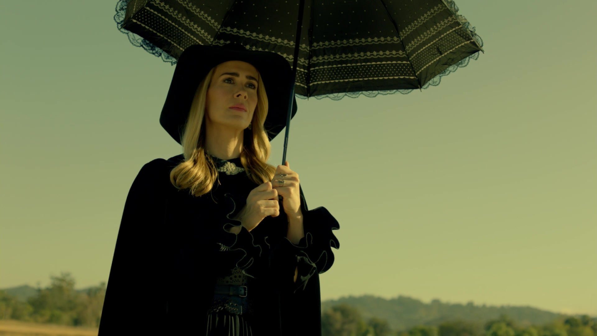 Sarah Paulson standing in a black outfit as Cordelia Goode in American Horror Story: Apocalypse