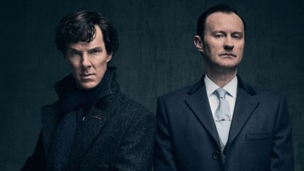 Benedict Cumberbatch as Sherlock Holmes and Mark Gatiss as Mycroft Holmes in BBC's Sherlock