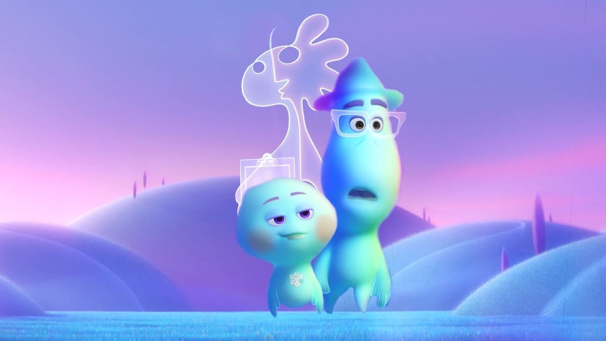 Two semi-translucent blue characters walking through a pastel violet landscape, guided by an abstract spiritual being, from the Pixar film "Soul"