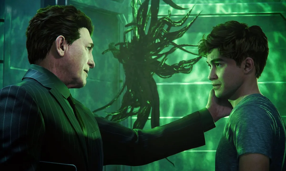 Norm and Harry Osborn with a symbiote in the background in Insomniac's 'Spider-Man 2' game