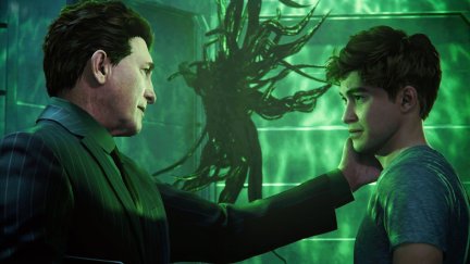 Norm and Harry Osborn with a symbiote in the background in Insomniac's 'Spider-Man 2' game