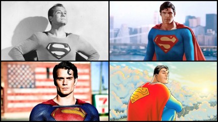 A collage of George Reeves, Christopher Reeve, and Henry Cavill as Superman