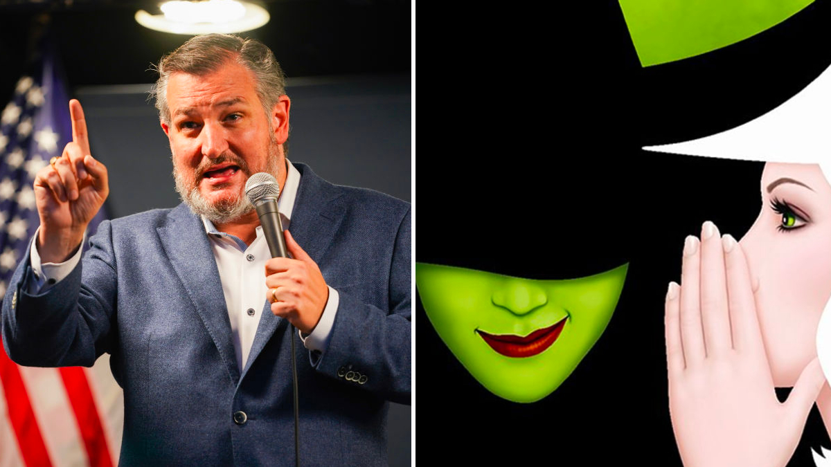 Ted Cruz opposite artwork for the musical 'Wicked'