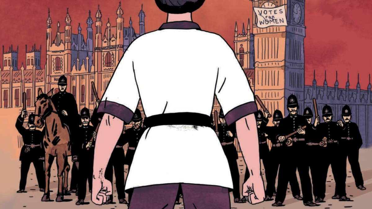 An illustration of the back of a woman wearing a martial arts uniform, overlooking violence against the women's suffrage movement in Britain.