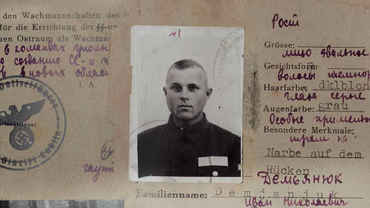 John Demjanjuk, pictured, for his Trawniki card in the documentary 'The Devil Next Door.'