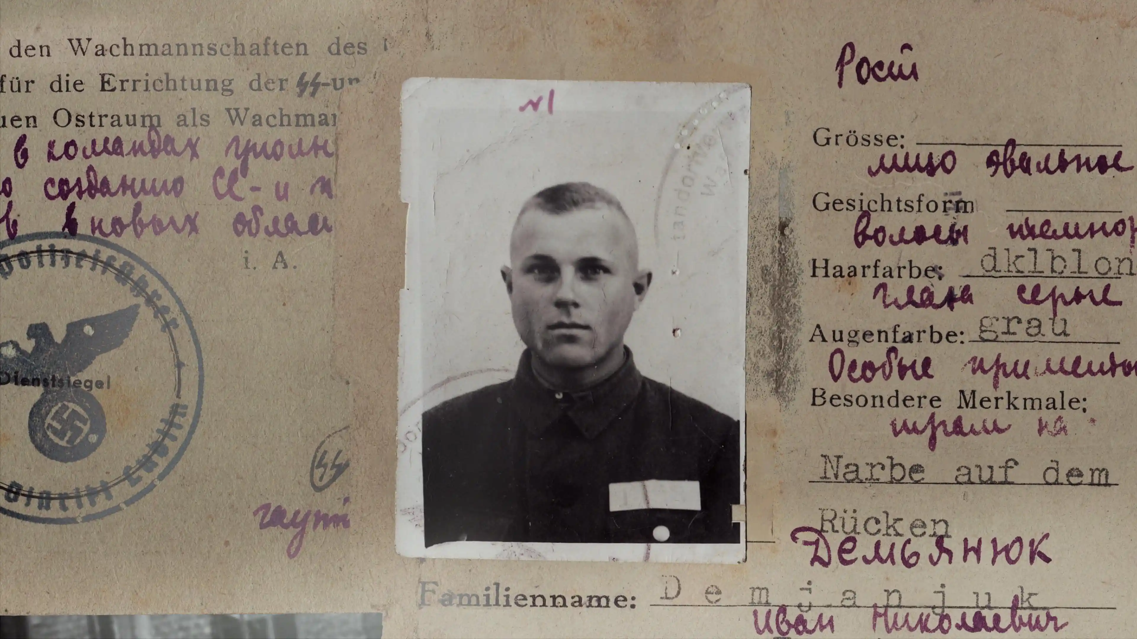 John Demjanjuk, pictured, for his Trawniki card in the documentary 'The Devil Next Door.'