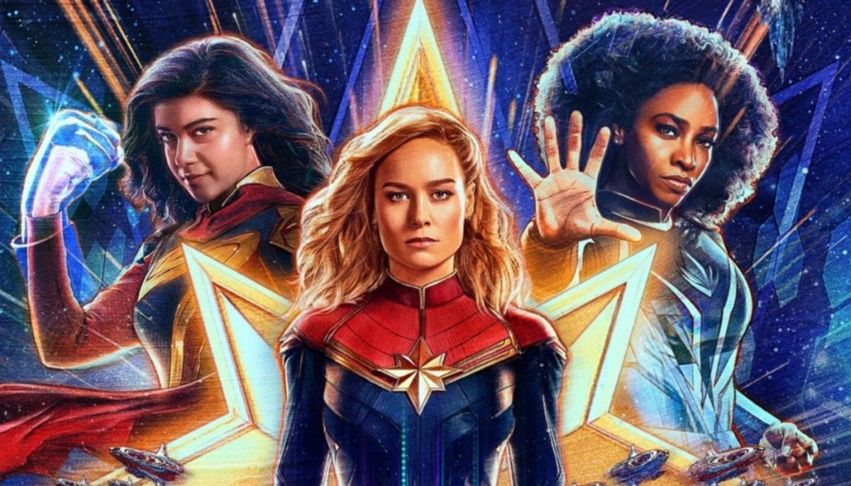 The Marvels: Iman Vellani as Kamala Khan/Ms. Marvel, Brie Larson as Carol Danvers/Captain Marvel, and Teyonah Parris as Monica Rambeau