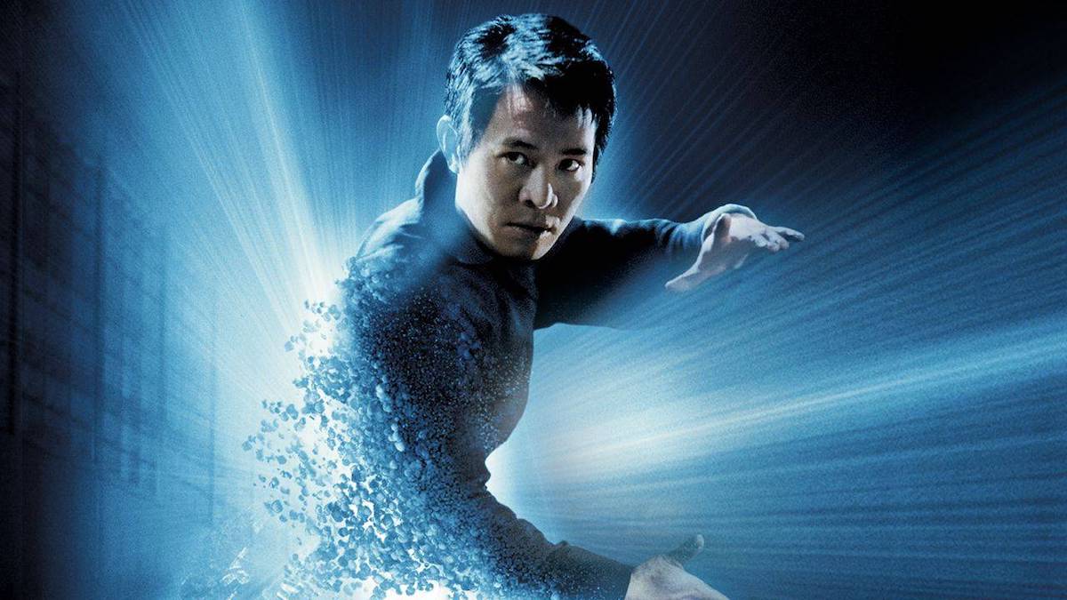 Jet Li bursting through rays of digitized light in the science fiction martial arts film "The One"